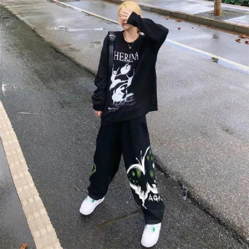 

Women's Pants & Capris Retro High Waist Wide Leg Sports Loose Butterfly Print Size Streetwear Clothes Straight Tie-dye Trousers, Black