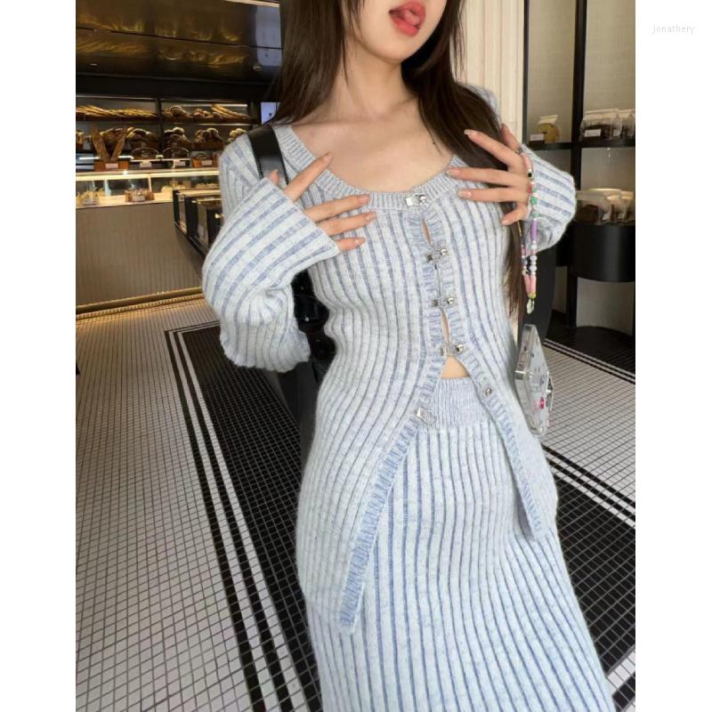 

Women's Knits 2023 Autumn Korean Sexy Slim Thread Long-sleeved Cardigan Women High Waist Fashion Split Knitted Skirt Two-piece Suit
