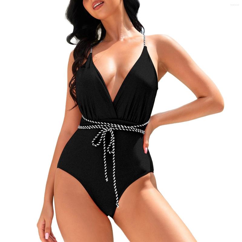 

Women's Swimwear Women's Deep V Neck Swimsuits Self Tie Backless Mesh Slimming Bathing Suit, Black