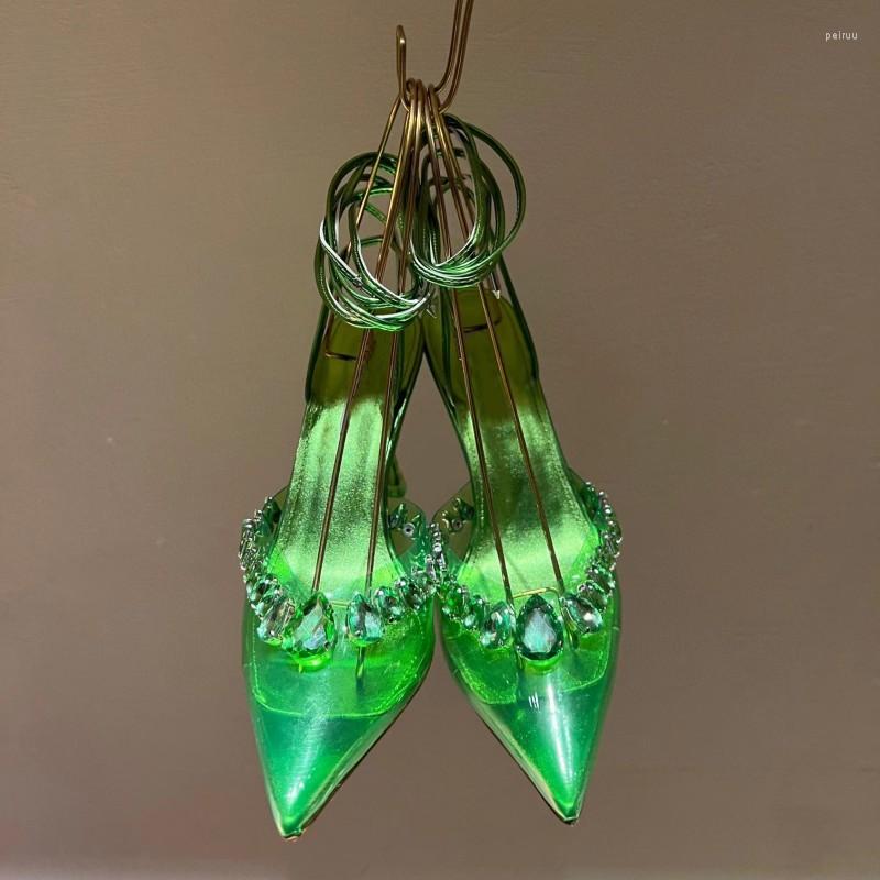 

Sandals Pointed Toe High Heels Women Genuine Leather Solid Color Fashion Dress Shoes Back Strap Green Wedding Pumps, As pic9.5cm