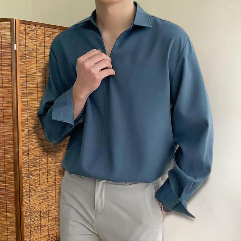 

Men's Casual Shirts Men Autumn Shirt Turn-down Collar Solid Color Long Sleeves Loose Pullover Warm Korean Style Streetwear, Black