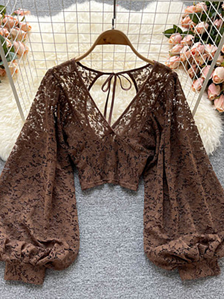 

Women's Blouses Shirts Autumn Black/White/Brown Sexy Lace Blouse Women Elegant V-Neck Puff Long Sleeve Open Back Short Tops Female Party Blusas 230203
