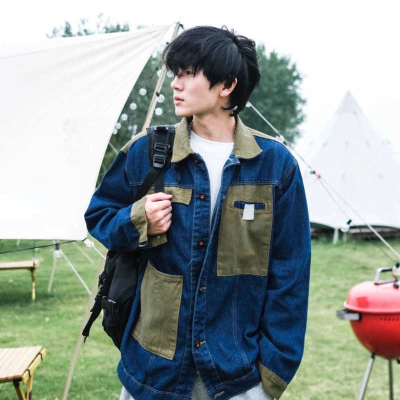 

Designer denim jacket autumn winter stitching work clothes fashion pocket cardigan denims coat men casual loose jackets, Blue