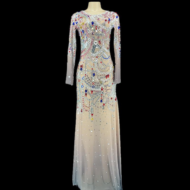 

Casual Dresses Colorful Crystals Pearls Sexy Mesh Dress Prom Evening Transparent Multicolor Rhinestones Costume Birthday, Picture shown