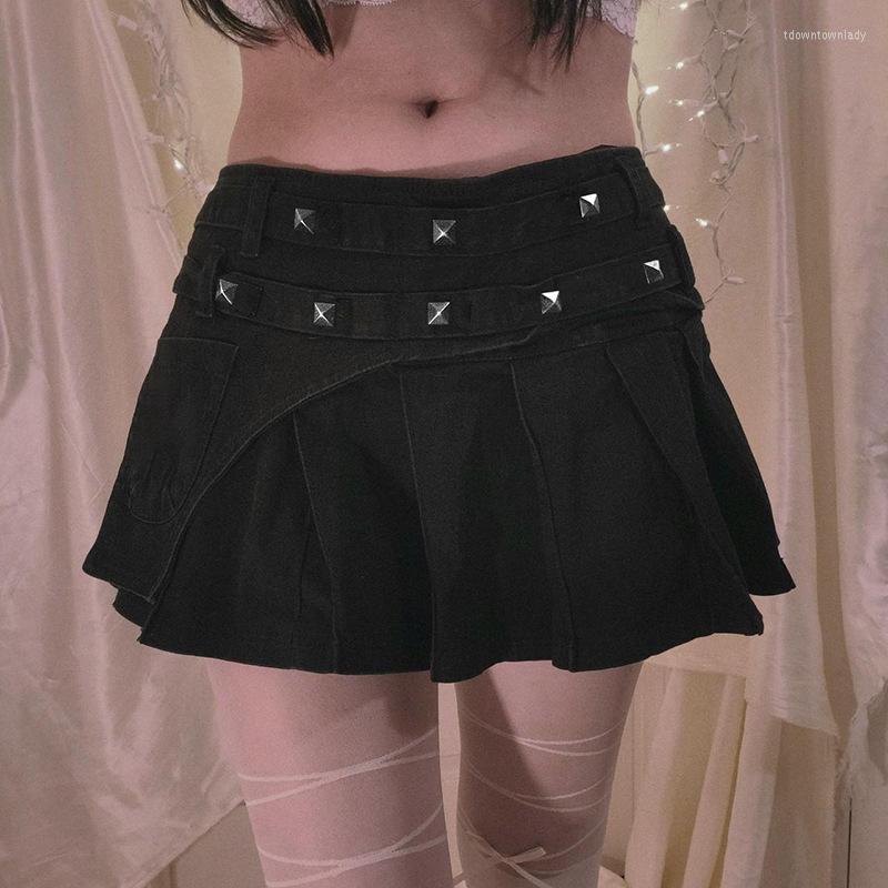 

Skirts Women Denim Short Skirt 2023 Vintage Grunge Ladies High Waist Streetwear Pleated Femme Harajuke Y2k Jeans, Black