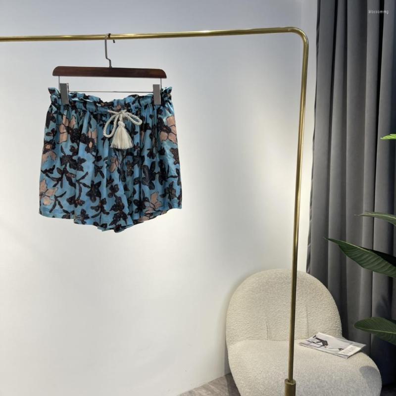 

Women's Shorts Promotion Multicolor Floral Print Elastic Waist With Tassel String Belt 2023 Summer High Quality Vintage Clothes, Blue