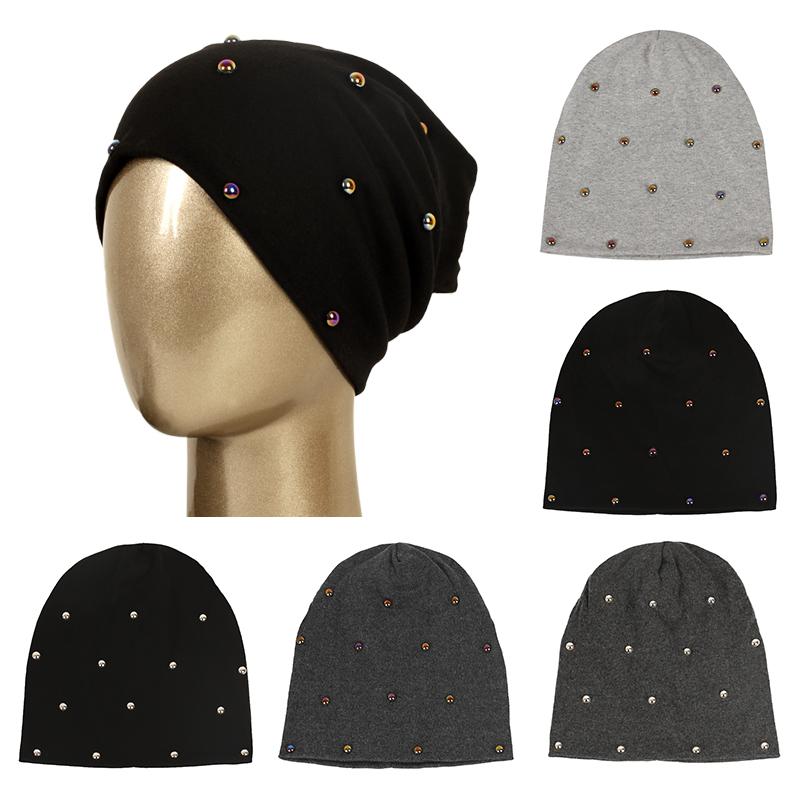 

Beanies Beanie/Skull Caps Women Warm Spring Autumn Colorful Pearl Slouchy Skullies Hats Female Solid Color Soft Comfortable Balaclava Bonnet, Black-1