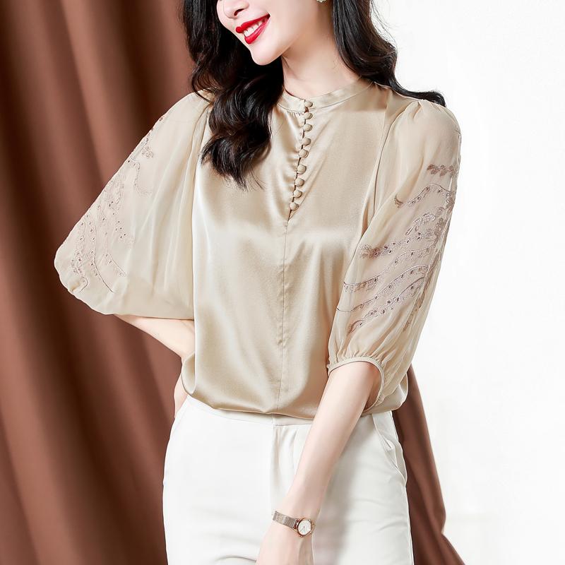 

Women' Blouses & Shirts Vintage Satin Silk Shirt Women Summer Clothing 2023 Loose Embroidered Tops Lantern Sleeve Lace BlouseWomen, Ph