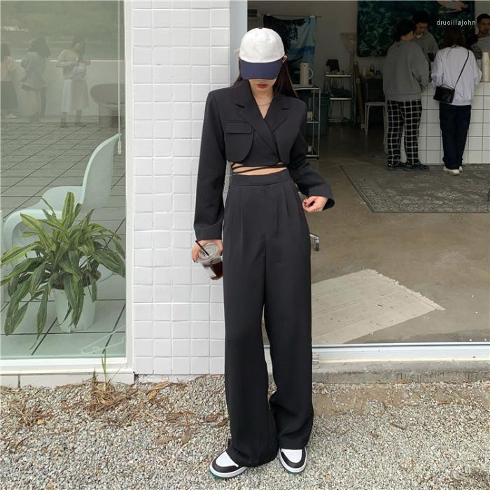 

Women' Two Piece Pants 2023 Women' Spring Autumn Suits Female Short Solid Color Jackets High Waist Wide Leg Trousers Ladies Sets H131, Black