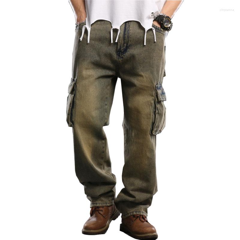 

Men's Jeans Mcikkny Men High Street Cargo Vintage Jean Pants Multi Pockets Washed Straight Denim Trousers For Male Plus Size -46, Yellow
