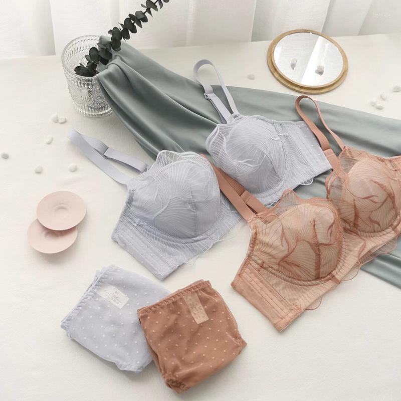 

Bras Sets Lace Sexy Bra Set Big Breasts Show Small Thin Embroidered Lingerie Gathered Bralet Petal BC Cup Anti-sagging Women's Brief, As photo show