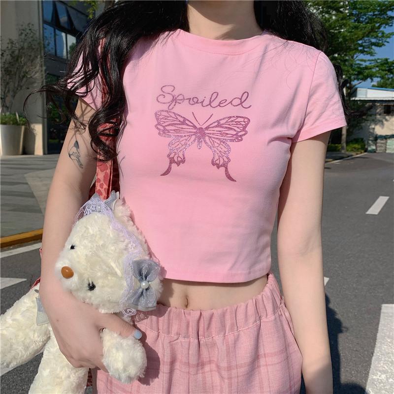 

Women' T Shirts Summer Sexy Women T-shirts Fashion Butterfly Print Navel Short Sleeve Tee Pink Pullover Skinny Streetwear Crop Tops