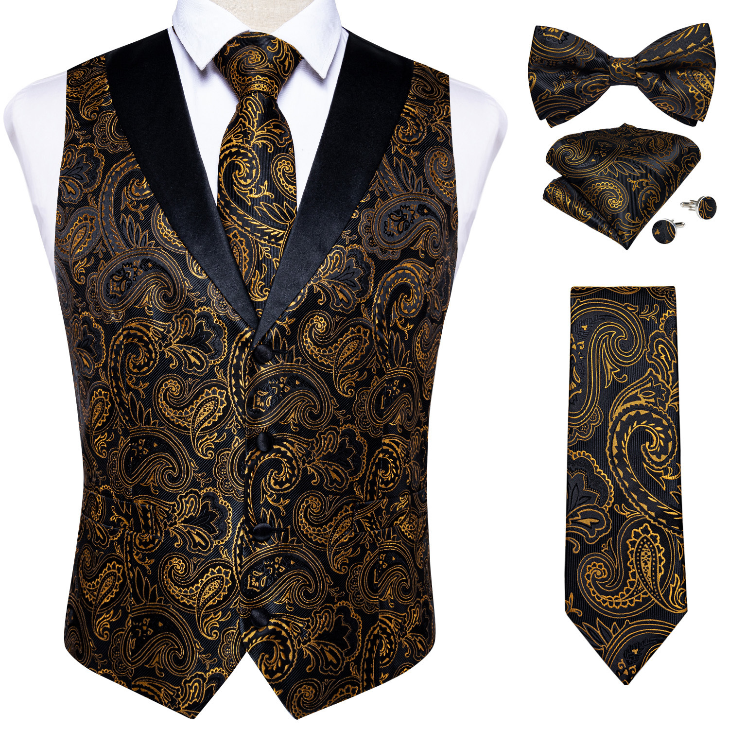 

Men's Suits Blazers Brand Suit Vest Set For Men Luxury Silk Black Gold Paisley Dress Tie Cufflinks Handkerchief Male Sleeveless Waistcoat 230202, Md217-n7476