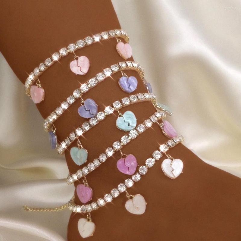 

Anklets INS Trendy Multicolor Acrylic Broken Heart Anklet Bracelet Jewelry Bling Rhinestone Tennis Chain Love Charm Foot