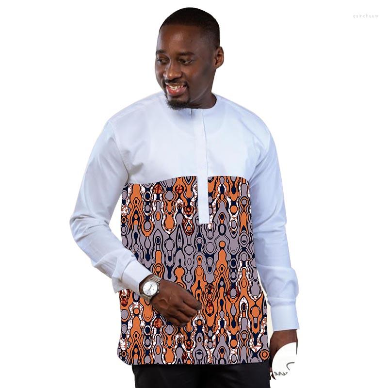 

Men's Casual Shirts African Design Men's Shirt White With Print Patchwork Tops Male Dashiki Groom Wear Holiday Gifts