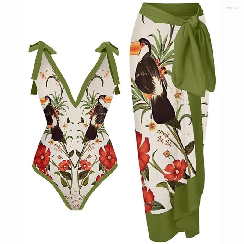 

Women' Swimwear Green Fashion V-neck One Piece Swimsuit Lacing Up Bikinis With Skirt Women Bathing Suits Summer Beach Outfits Backless Surf, Ivory