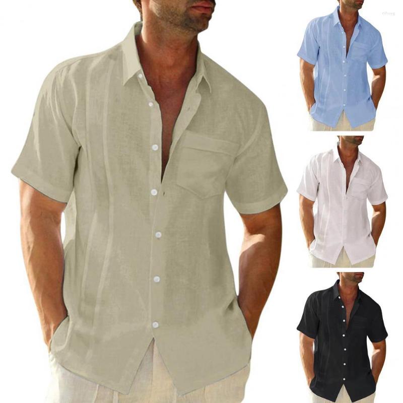 

Men's Casual Shirts Men Summer Shirt Solid Color Turn-down Collar Single-breasted Loose Short Sleeves Mid Length Top Clothing, Black