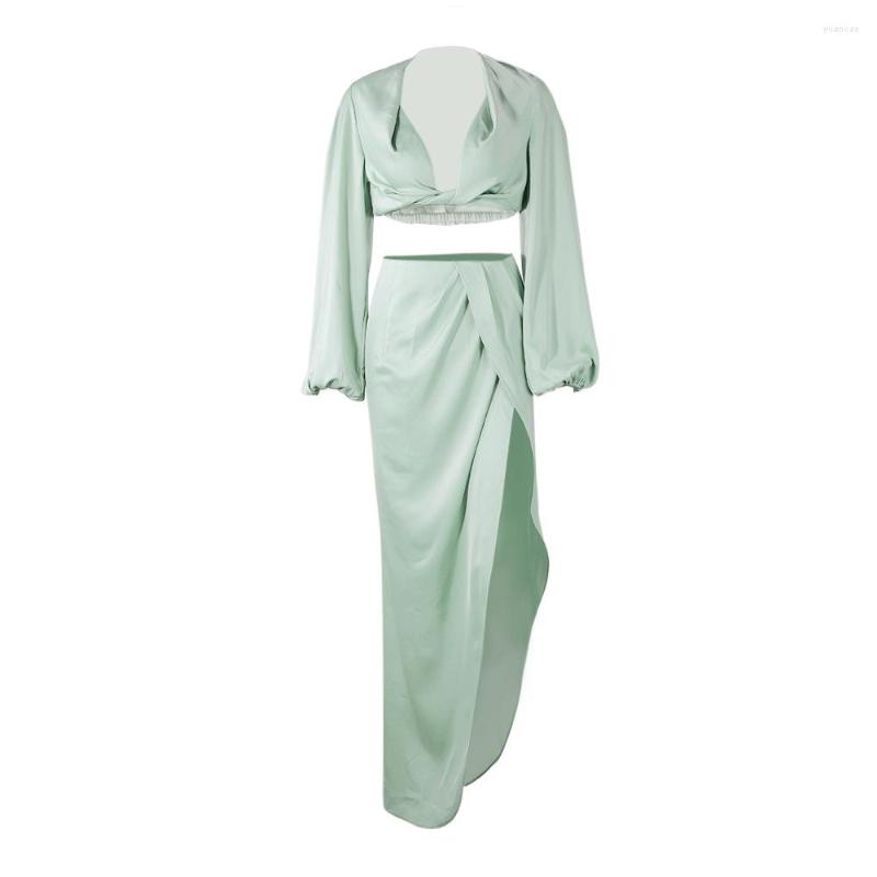 

Casual Dresses Fashion V Neck Green Pink Suit Silky Satin Draped Long Sleeve Crop Top And Skirts Sexy Club Party Two Pieces Women Sets
