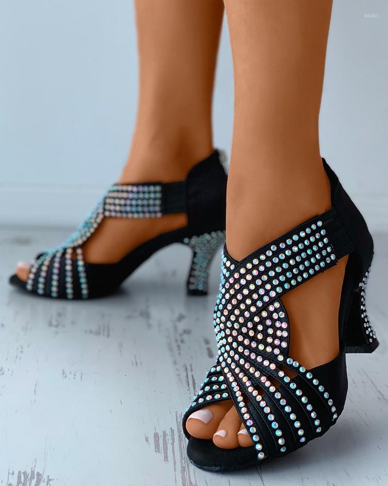 

Sandals Fashion Comfy Proom Dance Women Rhinestone Zipper Crystal Bling Summer Elastic Band Indoor Shoes Ladies Peep Toe Pumps, Black
