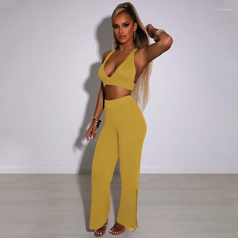 

Women' Two Piece Pants Women V Neck Sexy Set Summer Camisole Tops Wide Leg 2 Pcs Fashion Slim Casual Outfits NTZ098
