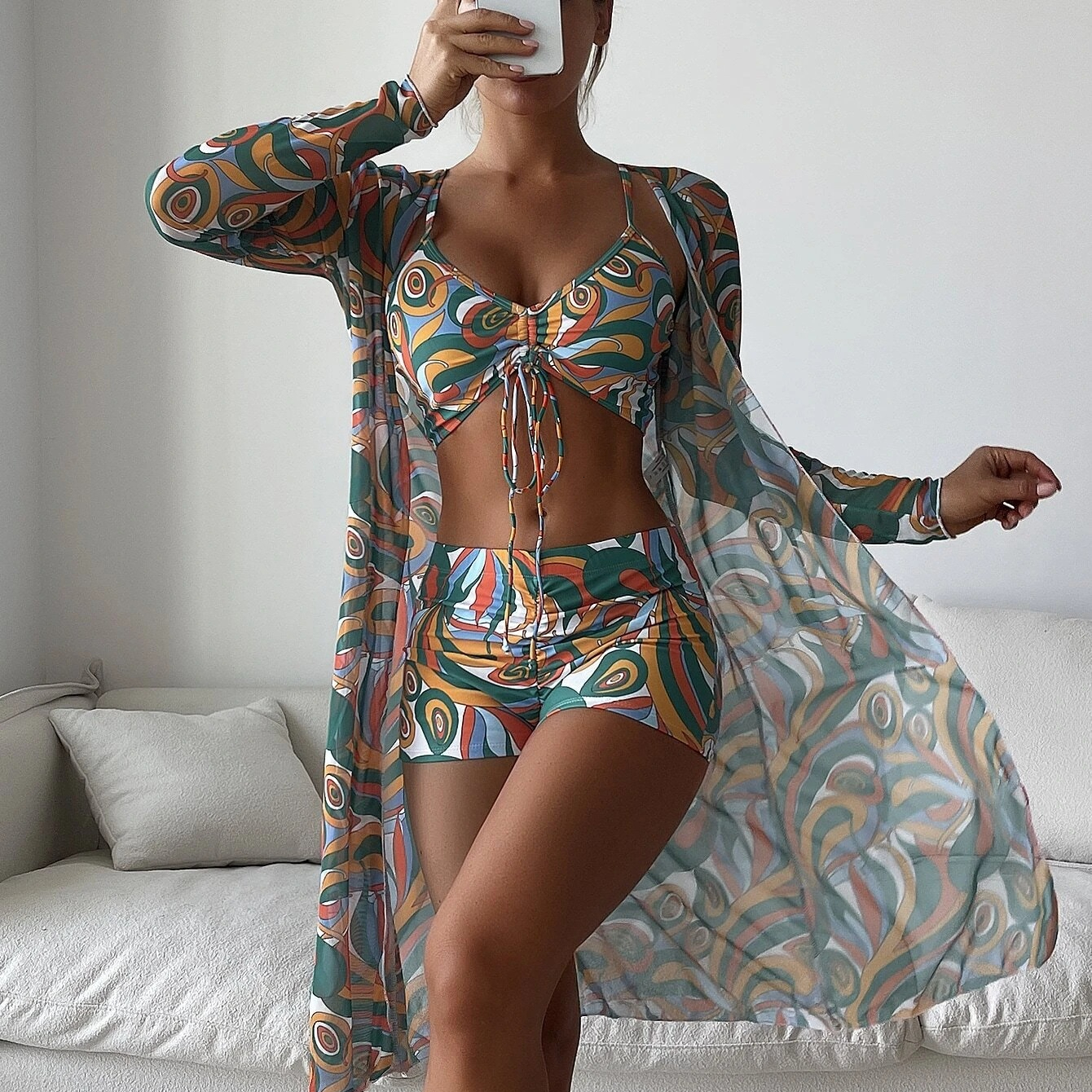 

Women' Swimwear 2023 3 Piece Bikini Set Women Sexy High Waist Long Sleeve Cover Up Bathing Suit Summer Push Beach Wear Swimsuit 230203, Style1