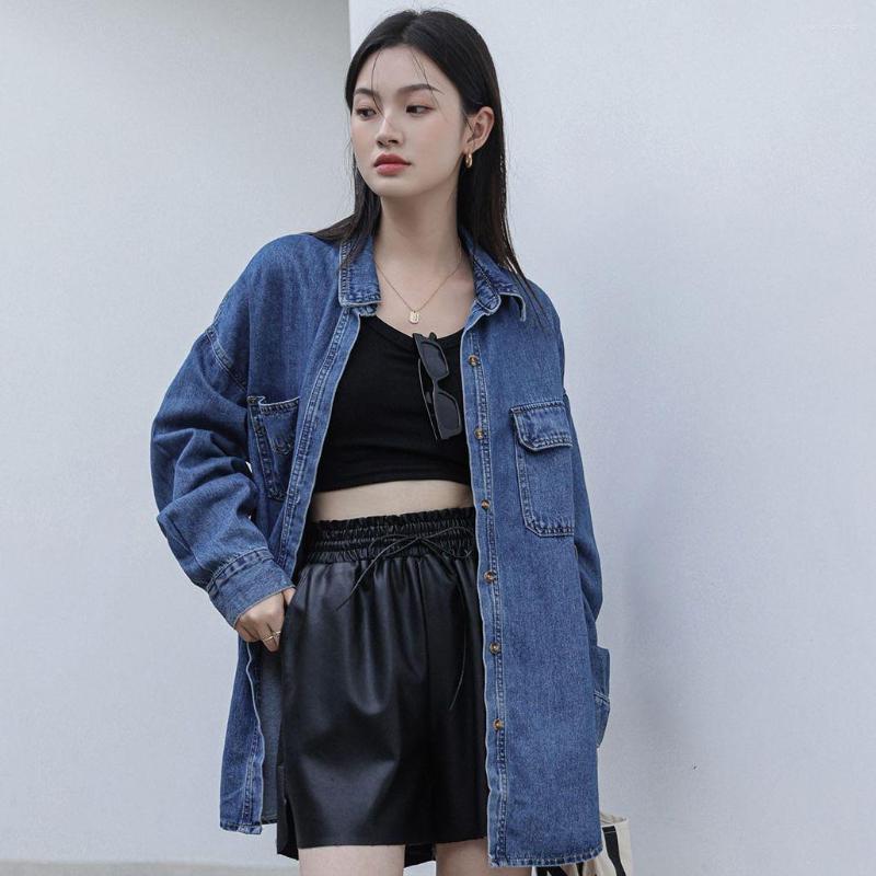 

Women's Jackets 2023 Autumn Cowboy Coat Women Vintage Loose Simple Casual Medium Long Denim Shirt, Blue