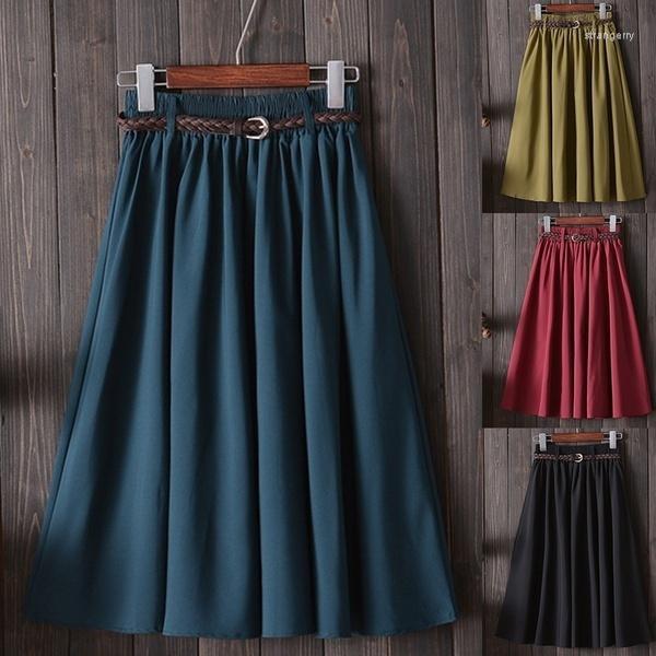 

Skirts Women Ladies Midi Knee Length High Waist A-line Pleated With Belt, Black