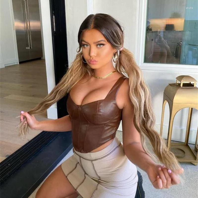 

Women' Tanks Women Fashion Casual Spring Summer Sexy Brown PU Leather Vest Elastic Wrap Camisole Streetwear Club Wear Crop Tank Tops Back, Picture shown