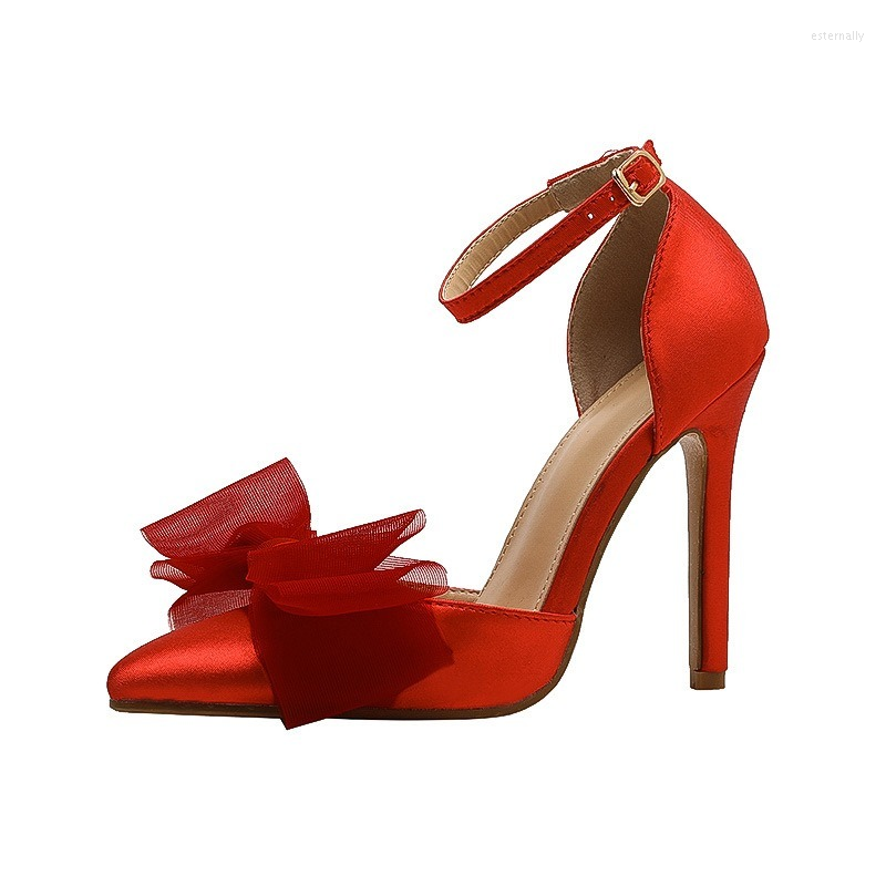 

Dress Shoes 2023 Silk Women Pumps Bowknot Satin Summer Lady High Heels Party Stripper 35-42 Womens, Red