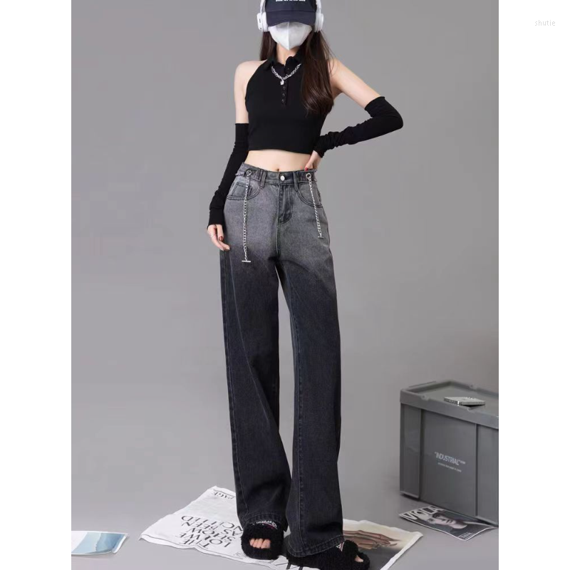 

Women' Jeans Vintage Black High Waist Women Gradient Fashion Streetwear Wide Leg Jean Denim Trouser Straight Baggy Pants Q257