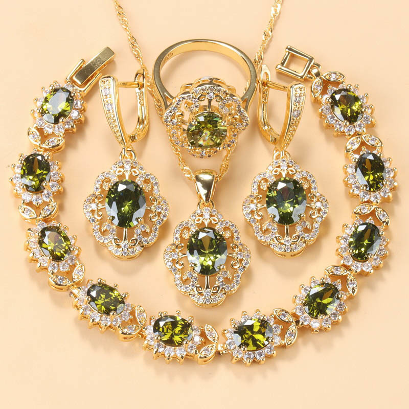 

Wedding Jewelry Sets 10Colors Cubic Zirconia Women Accessories Gold Plated Olive Green Charm Bracelet And Ring 230203