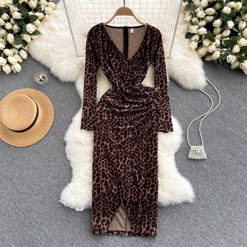 

Casual Dresses Sexy V-neck Leopard Print Bodycon Midi Dress Women 2023 Autumn Fashion Full Sleeve Empire Draped Ruffles Cross Split Party, Deep leopard