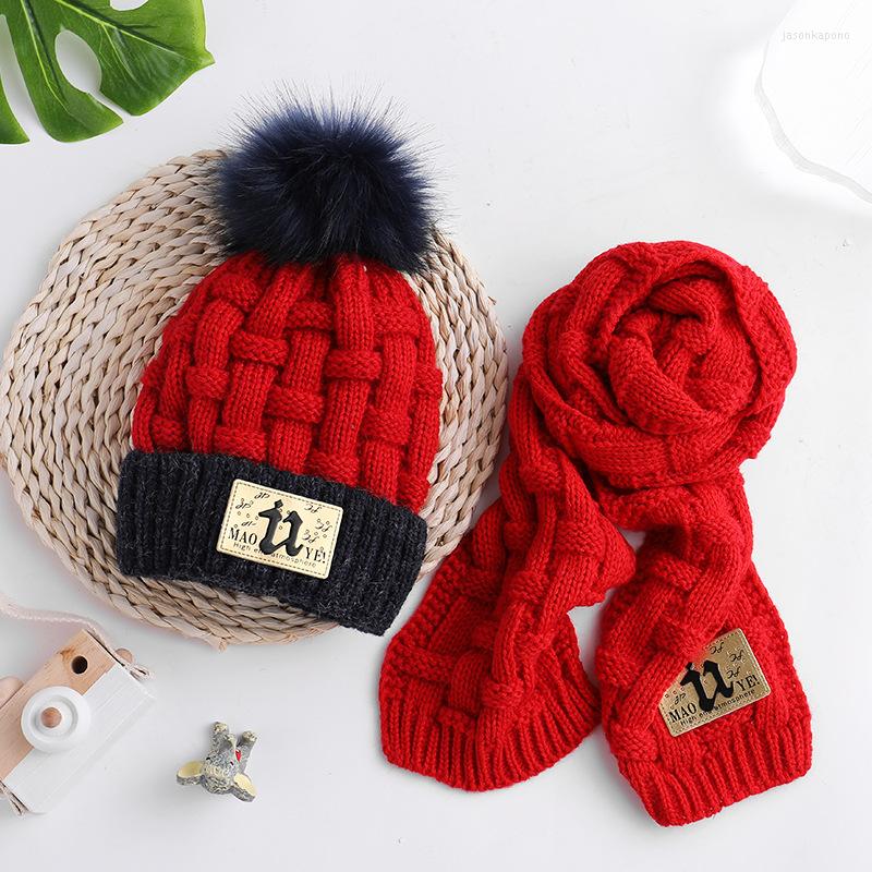 

Berets Children's Knitted Hat U Label Baby Fleece Warm Scarf With Ball Korean Boys And Girls Woolen, Red