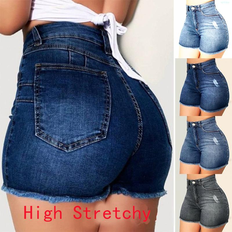 

Women' Jeans Wepbel High Elastic Ripped Denim Shorts Summer Sexy Bodycon Short Pants Washed Skinny Streetwear PantsWomen, Blue
