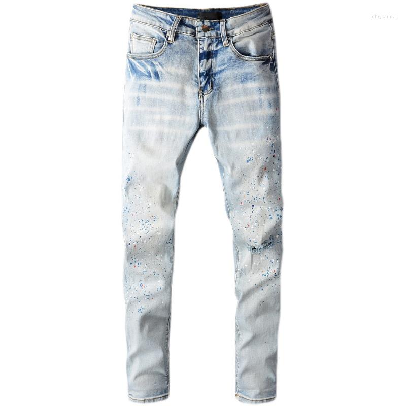 

Men's Jeans High Street Tide Star Splash Ink Paint Dot Men's Light-colored Knife Cut Hole Small Straight Denim Pants 812, 818