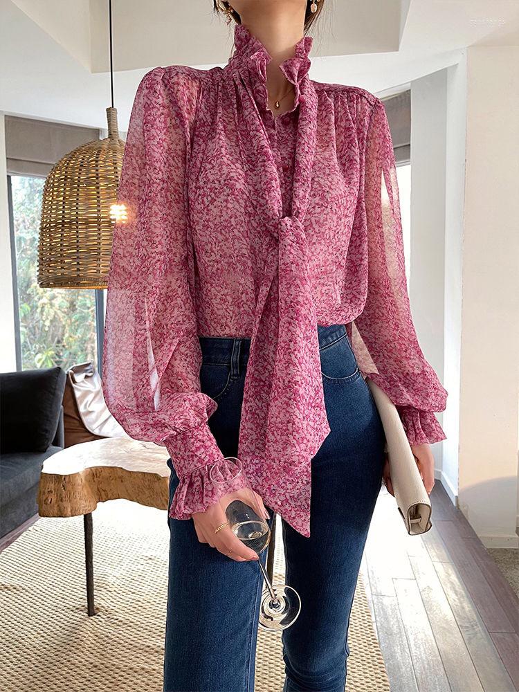 

Women's Blouses Women's Printed Shirts Elegant Chiffon Floral Loose Spring And Autumn Fashion Stand-Up Collar Edge Office, Chiffon print shirt