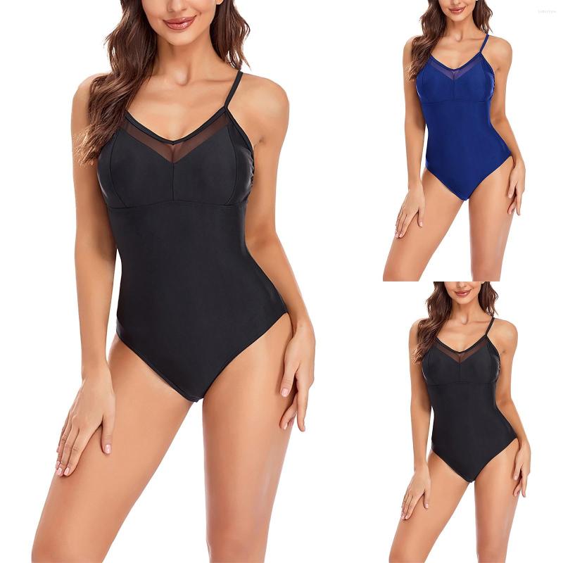 

Women' Swimwear Women' V Neck Swimsuits Solid Color Backless Mesh Slimming Bathing Suit, Black