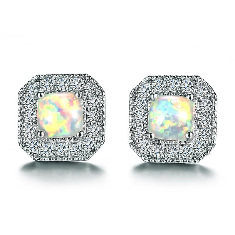 

Stud Earrings Luxury Female White Blue Opal Stone Small Silver Color Vintage Crystal Square Wedding For WomenStud