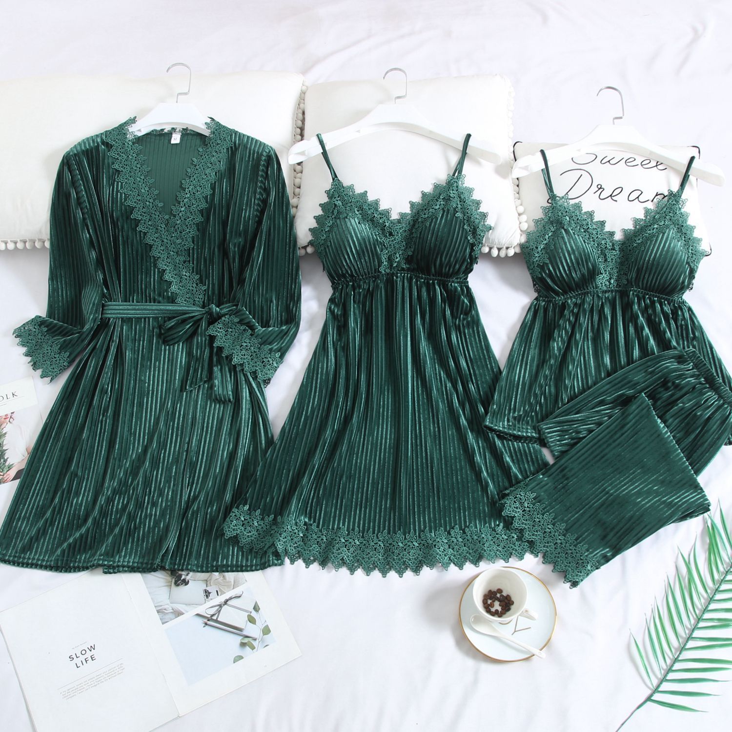 

Women's Sleepwear Kimono Robe Set Intimate Lingerie Green Pajamas Suit Velour Autumn Sleep Homewear Velvet Nightwear Bathrobe Gown 230203, Pink d