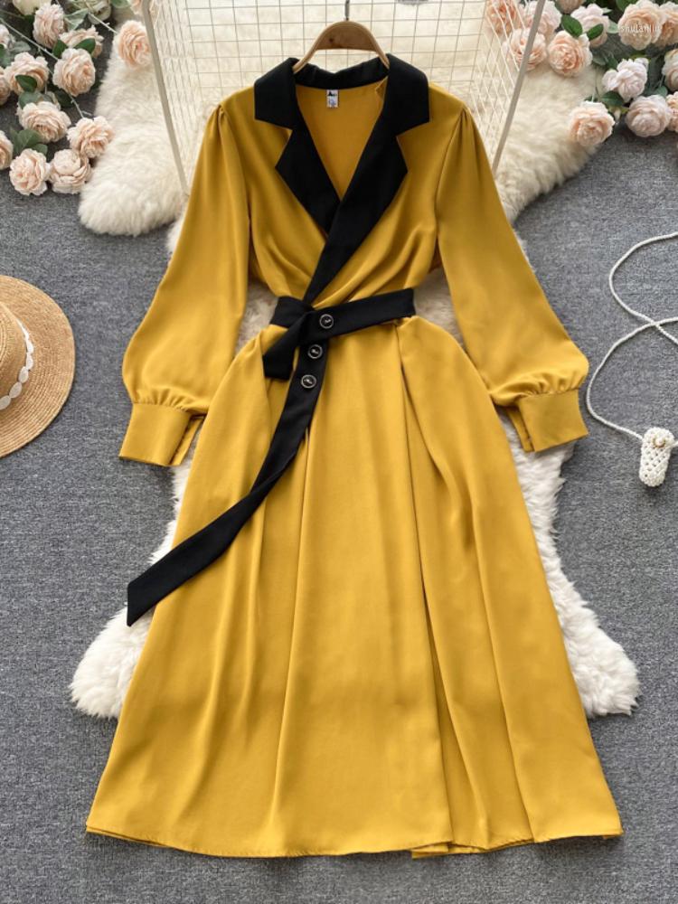 

Casual Dresses 2023 Spring Autumn Vintage Long Dress Women Lapel Elegant A Line Evening Party Ladies Korean Midi Robe Vestidos, Black