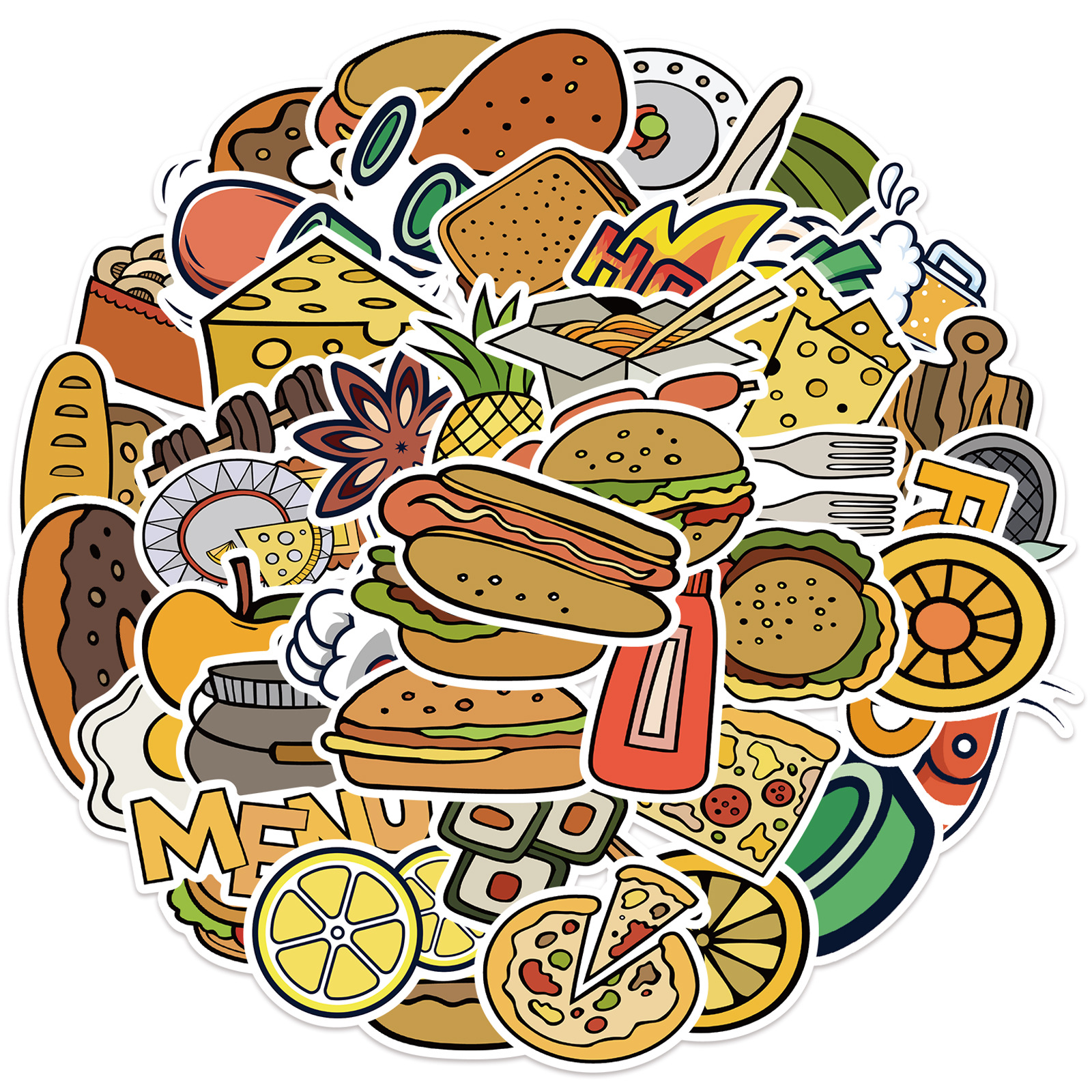 

Pack of 50Pcs Wholesale Cartoon Food Stickers No-Duplicate Waterproof For Luggage Skateboard Notebook Helmet Water Bottle Phone Car decals Kids Gifts, Multi-color