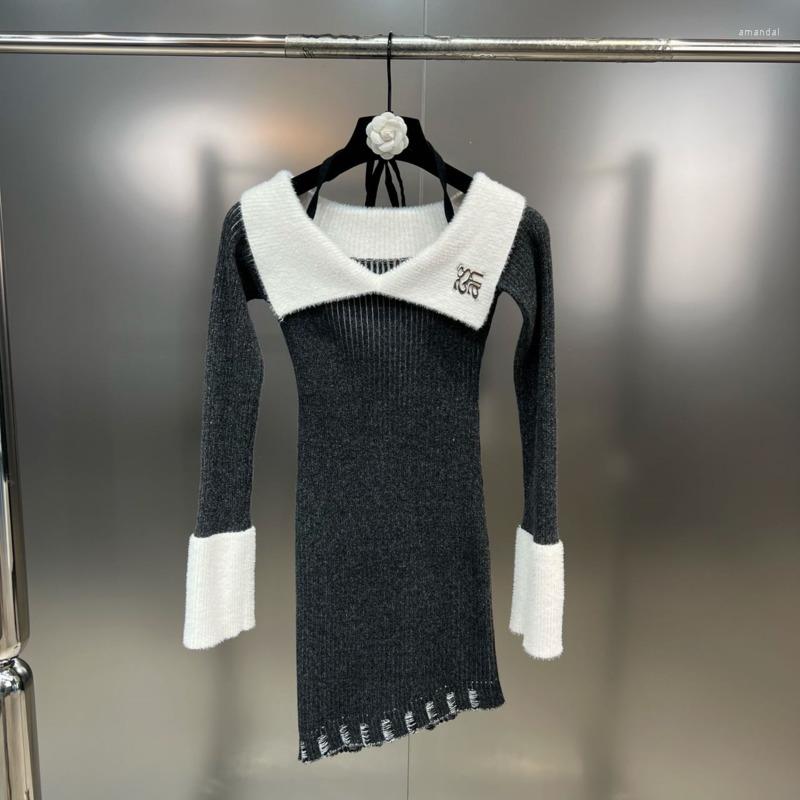 

Casual Dresses BORVEMAYS Women Dress Knitting 2023 Spring Autumn Fashion Trend Lapel Long Sleeve Patchwork Hole Sexy WZ546, Figure color