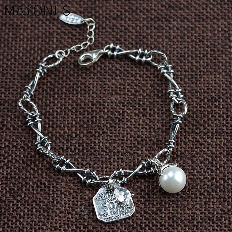 

Link Bracelets 6mm Width Chain Solid 925 Sterling Silver Letter Imitation Pearls Bracelet For Women Party Thai Fashion Vintage Jewelry