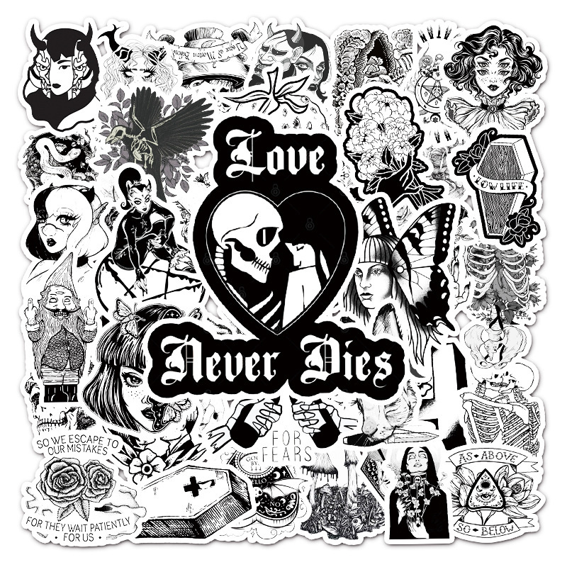

50PCS Black and White Gothic Skull Stickers Outdoor Camping Graffiti Stickers for Laptop Skateboard Motorcycle Decals, Multi colors