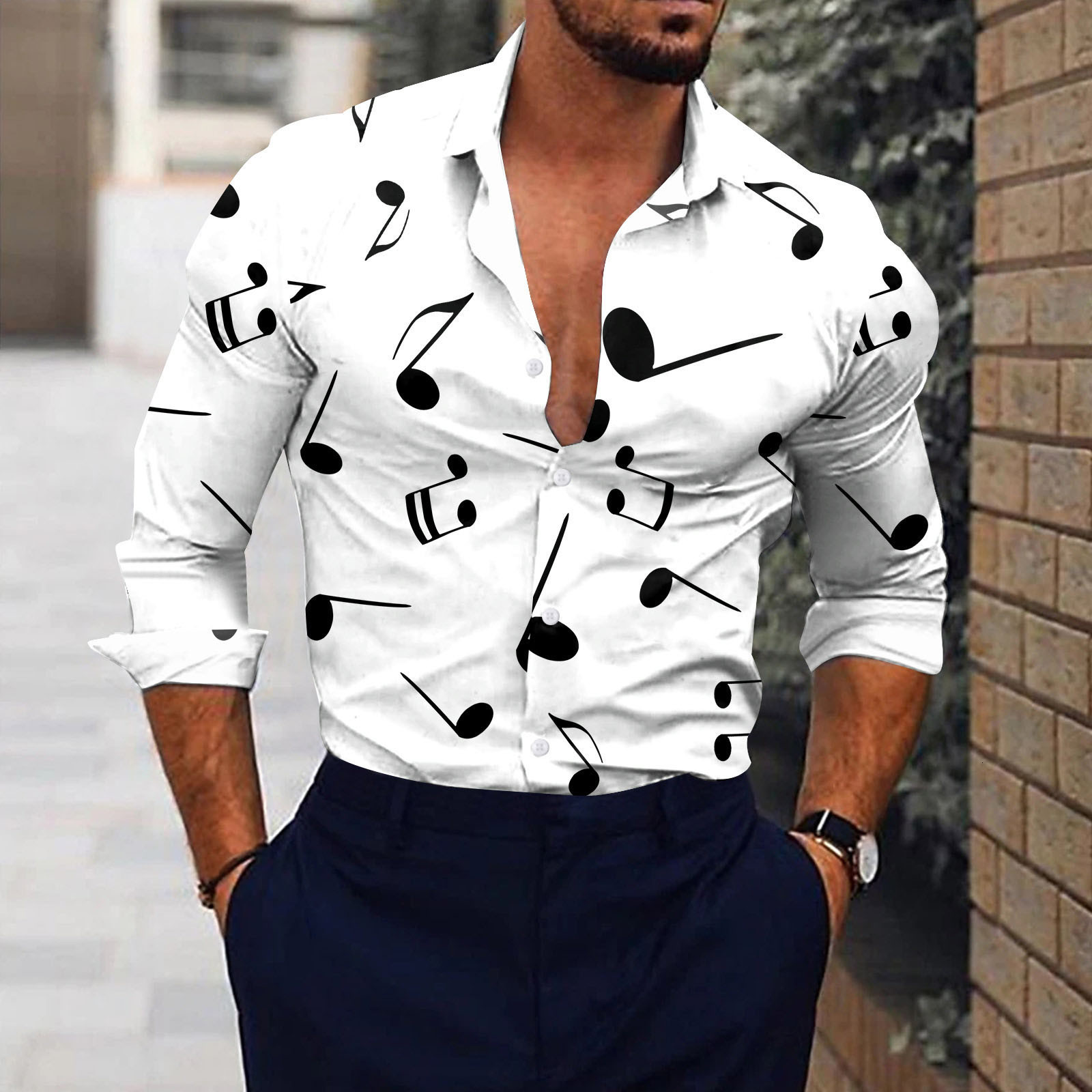 

Men's Casual Shirts Men Music Note Print White Shirt Social Dress Streetwear Fashion 3d Digital Lightweight Breathable Long Sleeve Tees 230202, Short-3