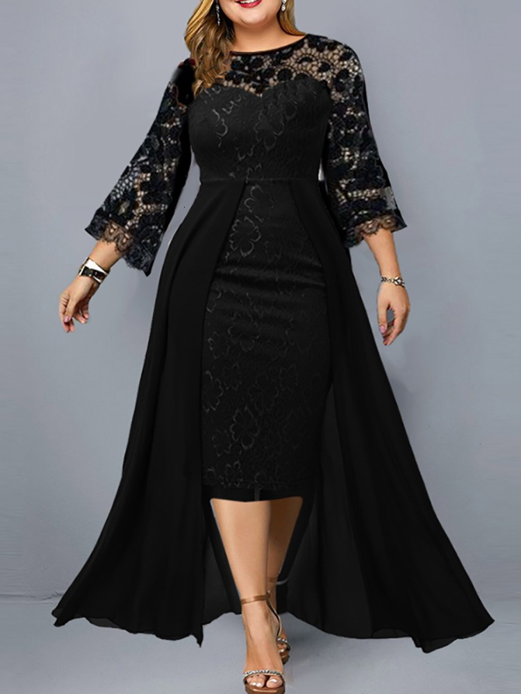 

Plus size Dresses Plus Size Party Dresses for Wedding Guest Women's Fall Long Sleeve Lace Floral See Through Elegant Bodycon Dress Black 230203