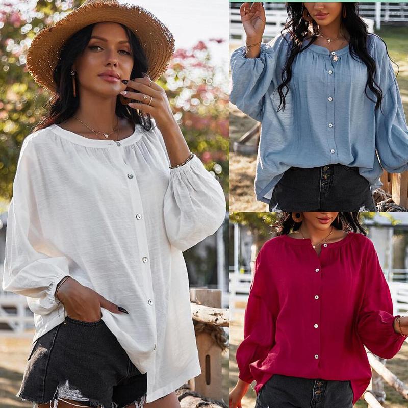 

Women' T Shirts Women' Summer Solid Shirt O-neck Long-sleeved Blouse, Blue