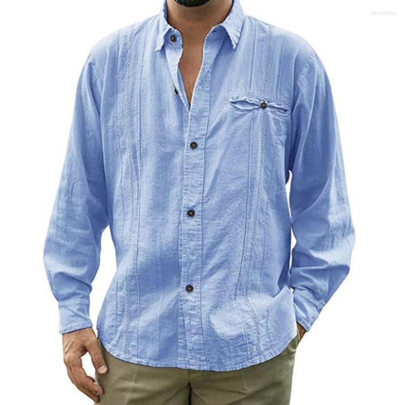 

Men's Casual Shirts 2023 Men Solid Color Long Sleeve Turn Down Collar Button Cotton Linen Shirt Top Clothing T-shirts Men's Tops, Blue