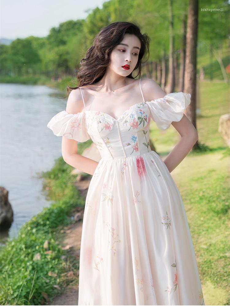

Party Dresses French Puff Sleeve Slash Neck Floral Dress Robe Femme Summer Back Bandage Hollow Sexy Sling Fashion Print Women Vestidos, Photo color