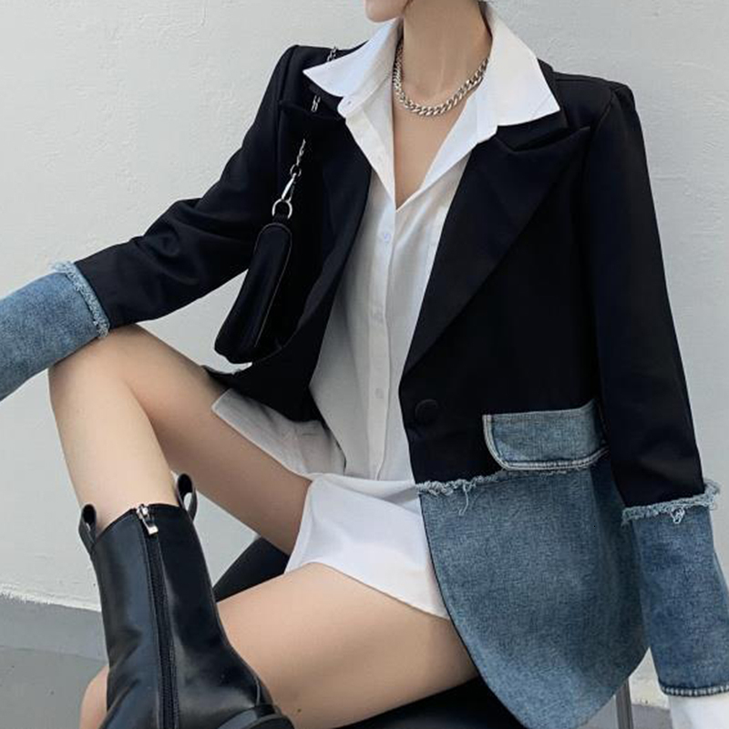 

Women's Suits Blazers Denim suit jacket spring and autumn stitching design sense Small crowd loose Korean longsleeved top 230203, Red